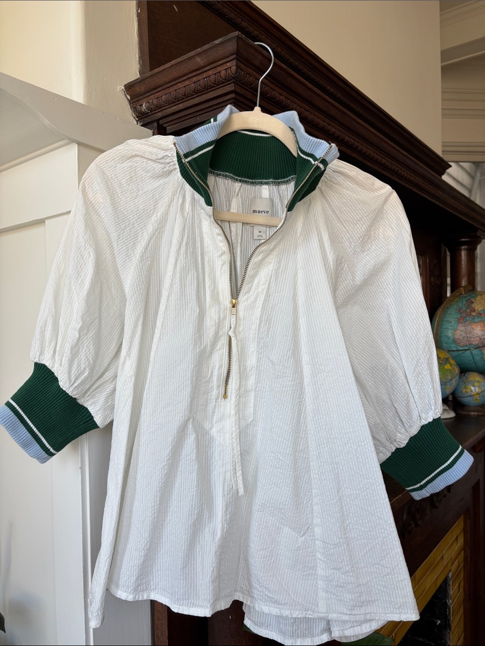 Maeve White Poplin Top with Green & Light Blue Rib Trim